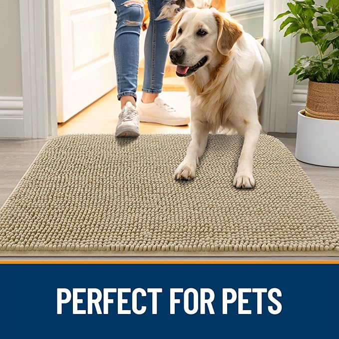 OLANLY Dog Door Mat for Muddy Paws 24x16, Absorbs Moisture and Dirt, Absorbent Non-Slip Washable Doormat, Quick Dry Chenille Mud Mat for Dogs, Entry Indoor Entryway Carpet for Inside Floor, Beige