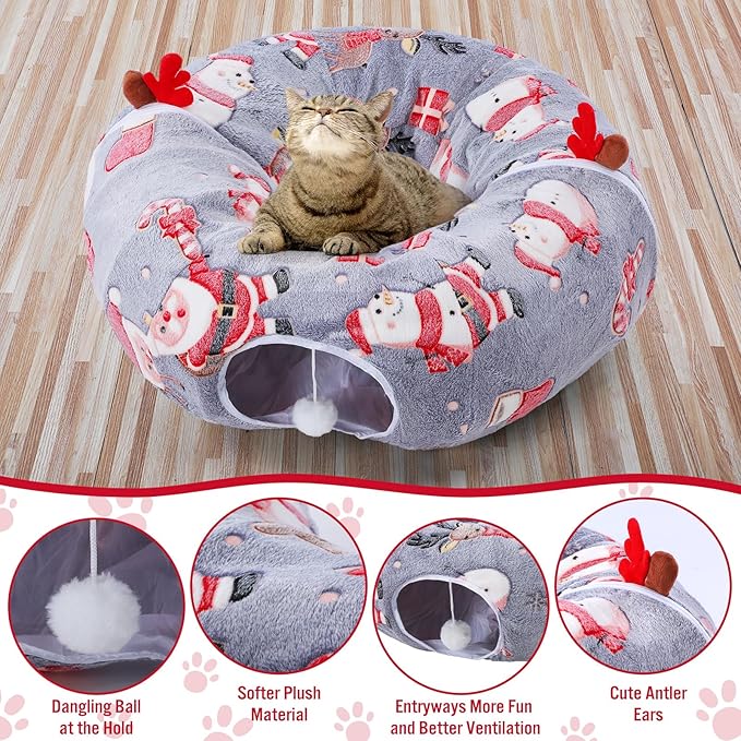 Christmas Cat Tunnel Bed with 8 Cat Toys Fluffy Plush Dog Tunnel Bed with Washable Cushion and Dangling Balls 3FT Multifunctional Playground for Small Medium Large Rabbit(Snowman,Gray)