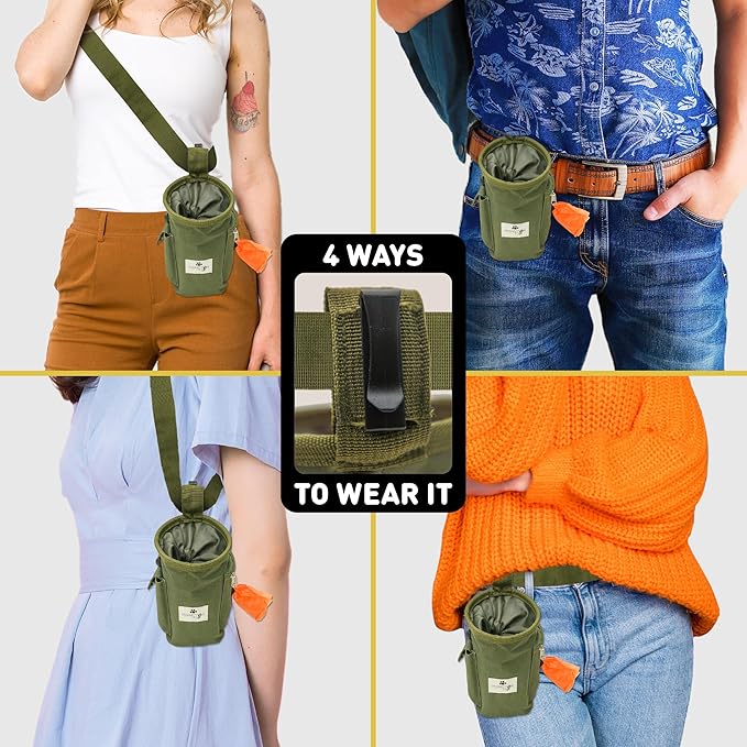 INSPECTOR TAIL Dog Treat Pouch w Drawstring to Prevent Spills | 2 Cup Tote | Hands Free w 4 Ways to Wear Puppy Bag w Pockets for Snacks Poop Bags Keys & Cards | Pet Training Walking & Rewarding Holder