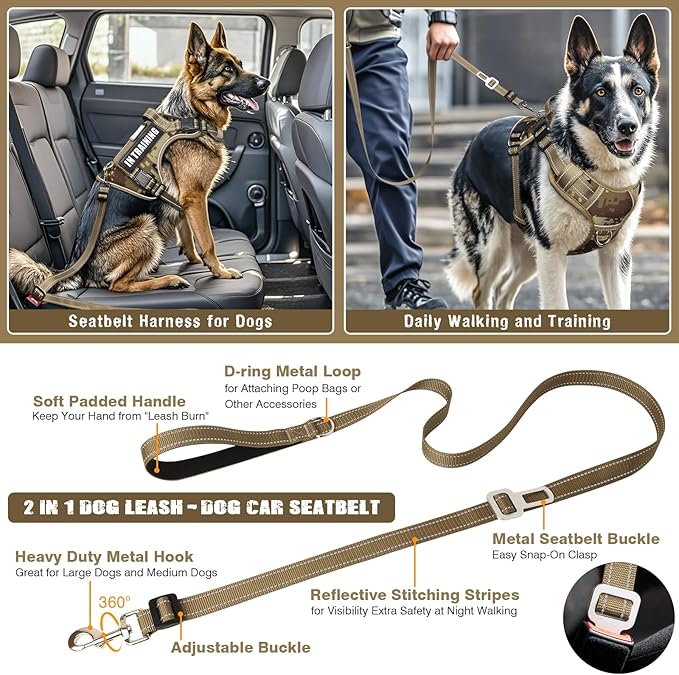 Tactical Dog Harness and Leash Set for Large Dogs,Heavy Duty No Pull Service Dog Vest and 10 Patches with Dog Seat Belt,Reflective Adjustable Pet Harness for Training Walking Hiking Camo XL