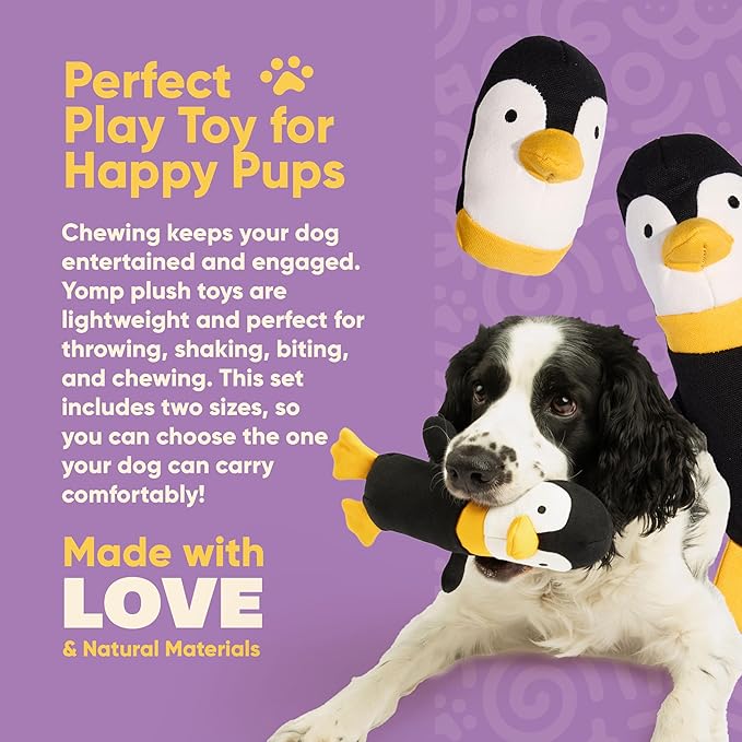 Yomp Penguin Dog Toy – Durable Stuffed, No Squeaker Dog Toys with Natural Canvas and Crinkle Paper – Interactive Stuffed Animal for Dogs (2-Pc Waddles Set)