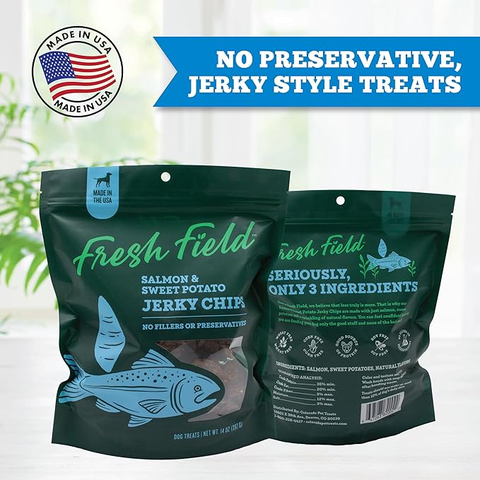 Fresh Field Salmon & Sweet Potato Jerky Chips, 14 oz – All-Natural Dog Treats, USA Made, Omega-3 Rich, Supports Health