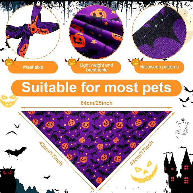 Newwiee 200 Pcs Halloween Dog Bandanas Bulk for Dogs Adjustable Triangle Bibs Scarf Halloween Pumpkin Bat Skull Ghost Spider Pet Costumes Scarf Holiday Accessories for Large Dog Puppy