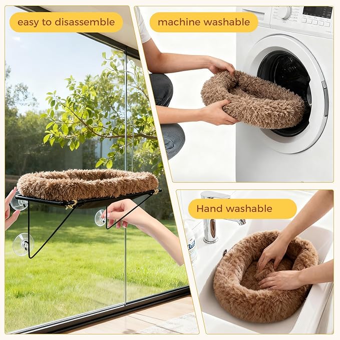 Cat Window Perch, Cordless Cat Hammock Window Seat with Sturdy Metal Frame Supports and 4 Strong Suction Cups (Brown, Long Hair)