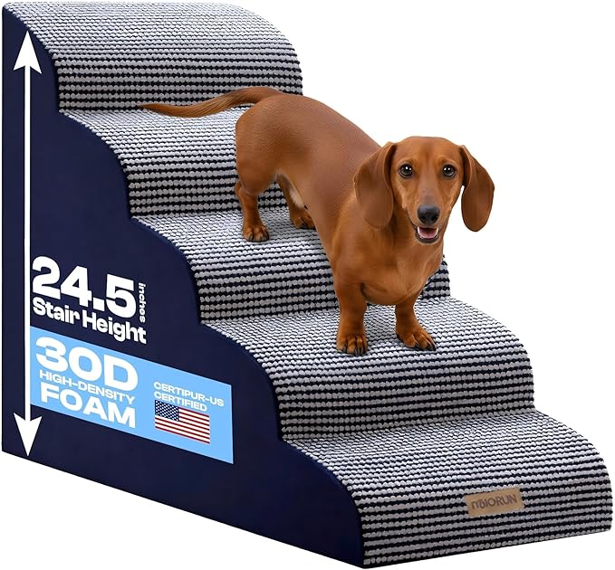 Curved Dog Stairs for High Bed Up to 26", 5-Step Dog Ramp for Small Dogs with Washable Cover, Non-Slip Steps for Cats to Get on Couch and Sofa, Durable Foam Ladder for Medium Breeds, White Navy