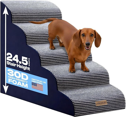Curved Dog Stairs for High Bed Up to 26", 5-Step Dog Ramp for Small Dogs with Washable Cover, Non-Slip Steps for Cats to Get on Couch and Sofa, Durable Foam Ladder for Medium Breeds, White Navy