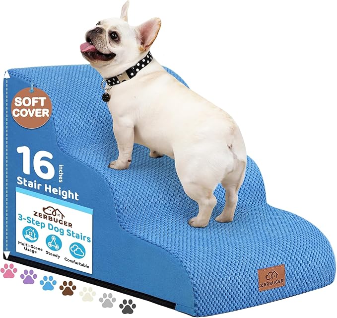 Dog Ramp and Stair for Bed 16" H-20 H,3-Step Cat Stair for Sofa and Chair,4-Step Dog Ramp for High Bed and Window,Durable Nonslip Fabric Cover for Indoor (Blue-16“H, Pet Friendly, 3)
