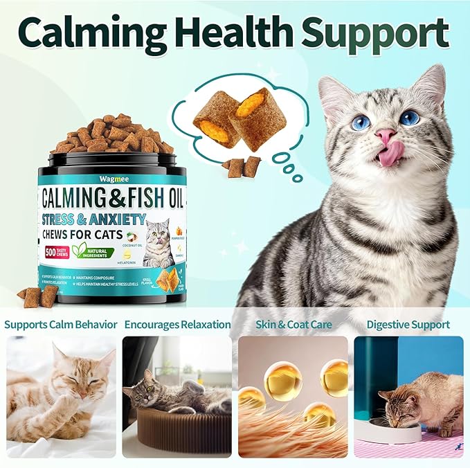 Wagmee Cat Calming Treats - 500 Tasty Cat Chews with Melatonin, Coconut Oil, Chamomile for Cat Stress and Anxiety Relief - Ideal for Travel, Storms and Indoor Care Krill Flavor 7.97 OZ