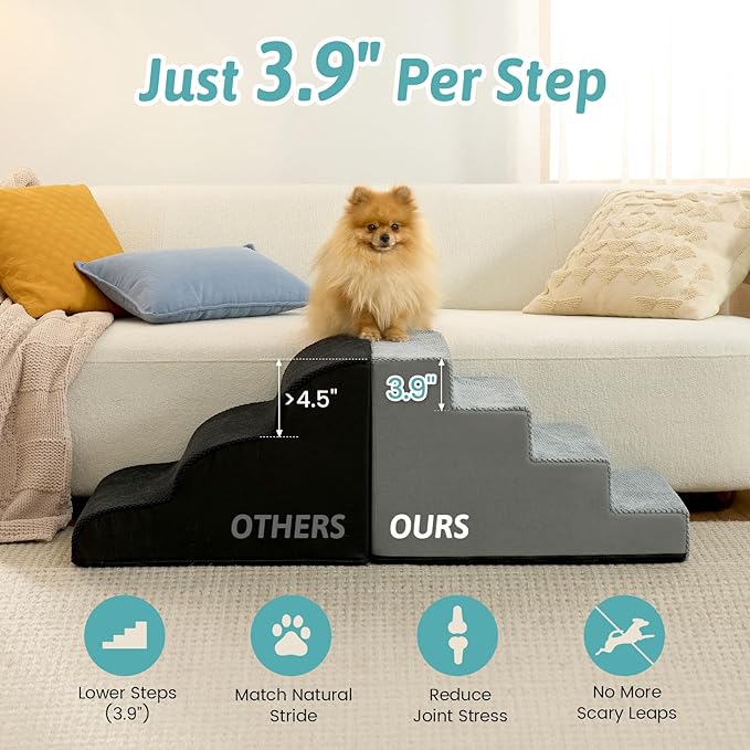 Slope Dog Stairs for Small Dogs 15.7" H, Pet Steps for Couch Sofa Chair with Washable Cover, Non-Slip Indoor Ramp for Puppy Older Cats, 4 Step, Grey