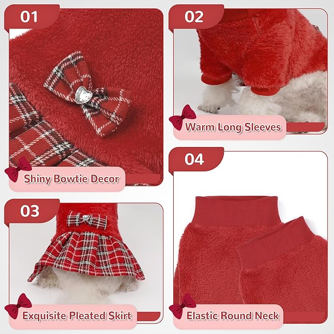 YUDODO Fleece Small Dog Sweater Dress with Bowtie, Female Fall Winter Warm Dog Clothes, Princess Sweater Dress for Small Dogs Girl (Red, Large)