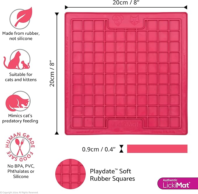 LickiMat Classic Playdate, Cat Slow Feeder Lick Mat, Boredom Anxiety Reducer; Perfect for Food, Treats, Yogurt, or Peanut Butter. Fun Alternative to a Slow Feed Cat Bowl or Dish, Pink