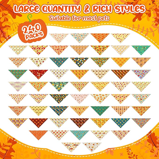 Geyoga 240 Pcs Halloween Dog Bandanas Bulk Thanksgiving Pet Bandanas Adjustable Fall Triangle Dog Grooming Scarf Bibs Kerchief for Small Medium Large Cats Pet Costume A(Thanksgiving)