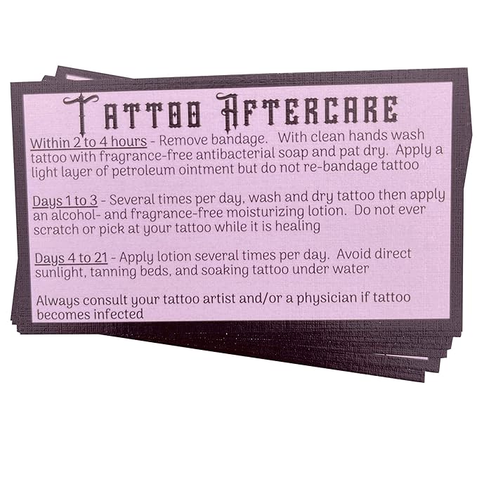 100 Pink Tattoo Aftercare Instruction Cards (3.5” X 2” inches) Pink Tattoo Aftercare Cards