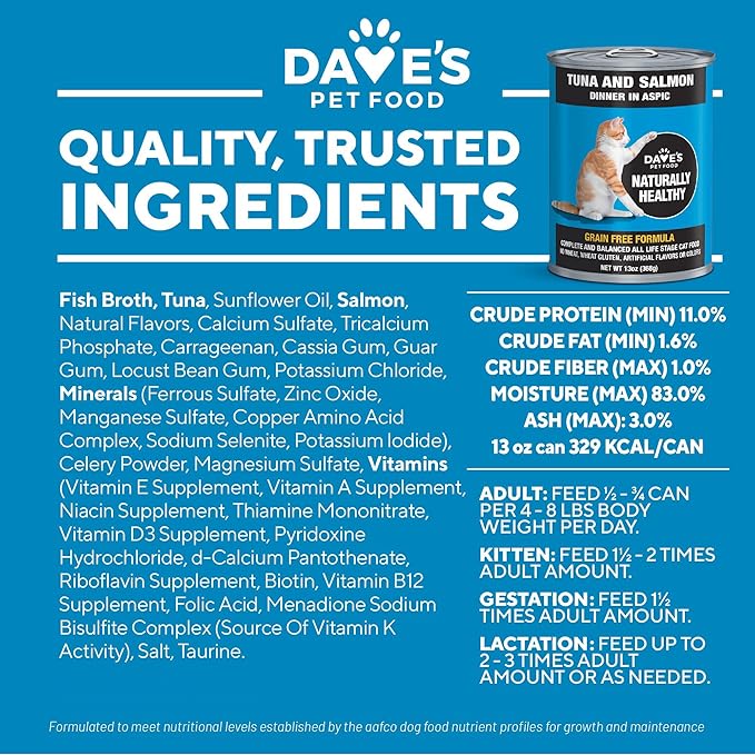 Dave's Pet Food Grain-Free Canned Cat Food (Tuna & Salmon Dinner in Aspic), Canned Wet, 13-oz (12 Pack)