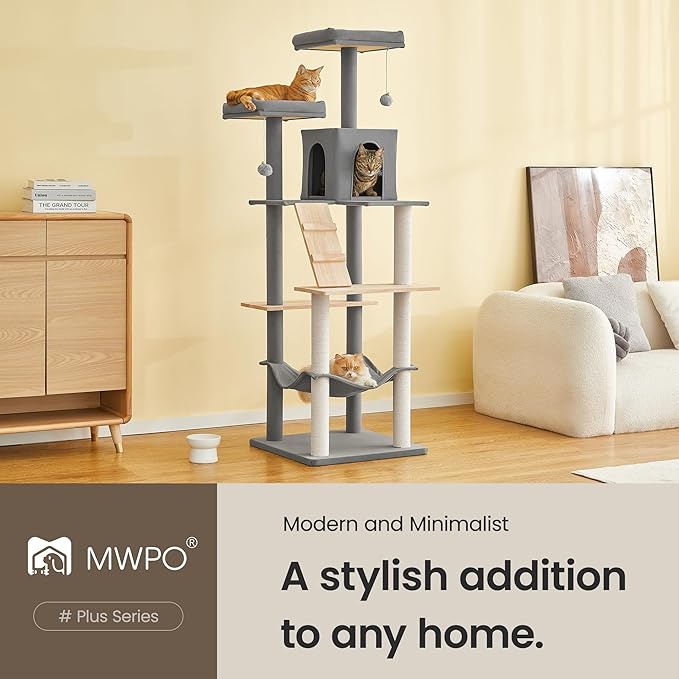 MWPO Large Modern Cat Tree, 70.1-Inch Wood Cat Tower for Indoor Cats, Multi-Level Tall Cat Condo with 2 Padded Perches, Hammock, Scratching Posts, Dangling Toys, Light Grey