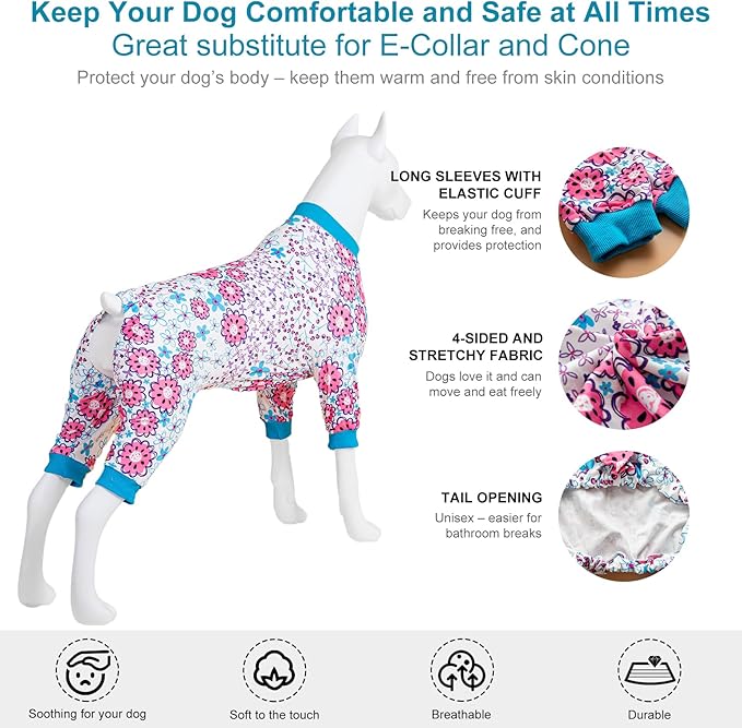 LovinPet Dog Pajamas Large Breed, Anti Licking, Anxiety Calming Dog Clothes,Lightweight Stretchy Fabric,Pretty Floral Print,Onesie for Large Dogs,Pitbull Clothes Pet Costume,Pet Party Outfit,2XL