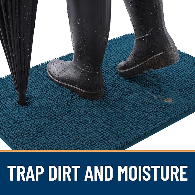 OLANLY Dog Door Mat for Muddy Paws 47x24, Absorbs Moisture and Dirt, Absorbent Non-Slip Washable Doormat, Quick Dry Chenille Mud Mat, Entry Indoor Entryway Carpet for Inside Floor, Atlantic Blue