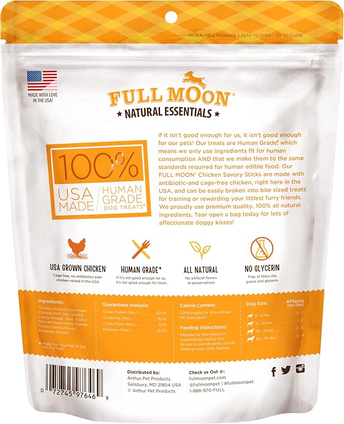 Full Moon All Natural Human Grade Dog Treats, Essential Chicken Savory Sticks, 16 Ounce (Pack of 2)