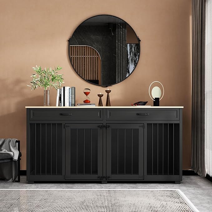 64.6" Furniture Dog Crate, Heavy Duty Wooden Dog Cage Furniture, Indoor Dog Kennel with Drawers & Removable Divider, Luxury Dog House with Double Rooms for Small Medium Breed Dogs, Black