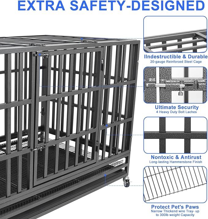 Confote 48" Heavy Duty Dog Crate Cage Kennel Metal Pet Crate Cage Indoor Outdoor Pet Kennel for Large Dogs with Removable Tray, Double Door