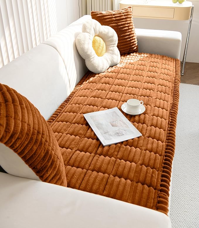 Faux Fur Plush Dog Couch Cover 3D Stripe Fuzzy Sofa Cover Non-Slip Fluffy Dog Bed Cover Pet Blanket Sofa Couch Furniture Protector for Puppy Large Dog Cat (Brown,28"x59")