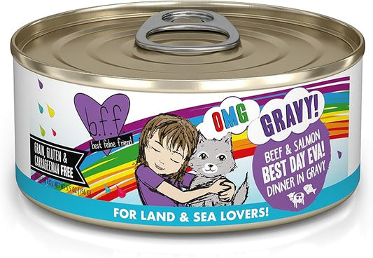 Weruva B.F.F. OMG - Best Feline Friend Oh My Gravy!, Best Day Eva! with Beef & Salmon in Gravy Cat Food, 5.5oz Can (Pack of 8)