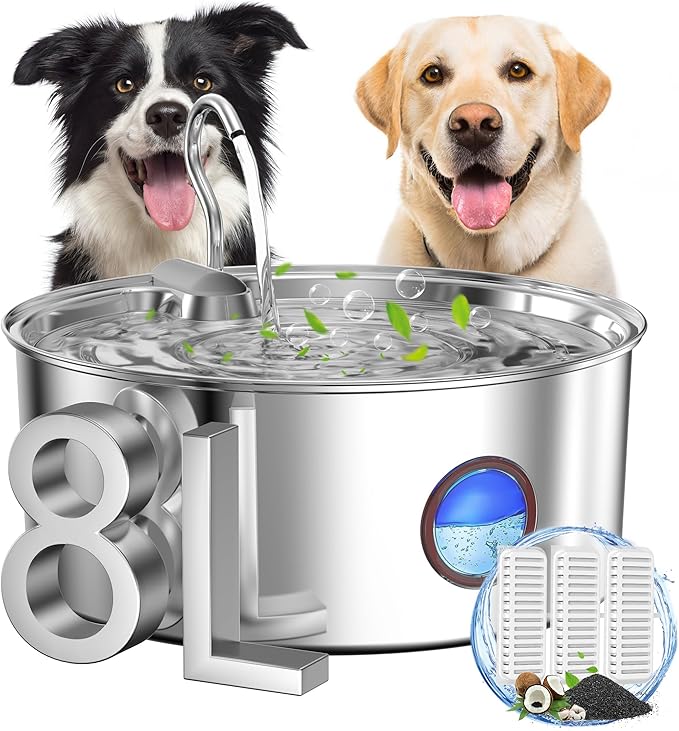 Dog Water Fountain for Large Dogs- 8L/270oz Stainless Steel Dog Fountain Dispenser Automatic Pet Water Bowl with Ultra-Quiet Pump/Quadruple Filtration for Large Pups Cats & Multi-Pet
