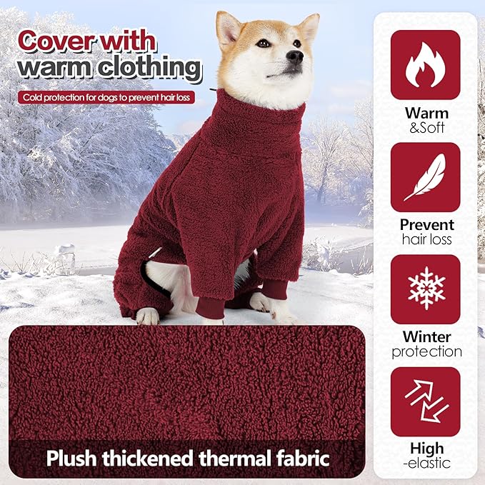 Dog Winter Coat, Warm Fleece Dog Jacket, Windproof Pullover Jumpsuit, Full Body Pet Pajamas Onesie, Cold Weather Clothes for Medium Large Dog(Small,Red)