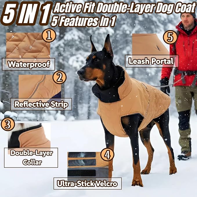 Upgraded Classic Quilted Active Fit Dog Winter Coat, Waterproof & Lightweight Coats for Medium Dogs, Easy On & Off Pet Jacket Adjustable, 2-Layer Warmth Thick Fabric Pet Clothes for Bulldog(Khaki, M)