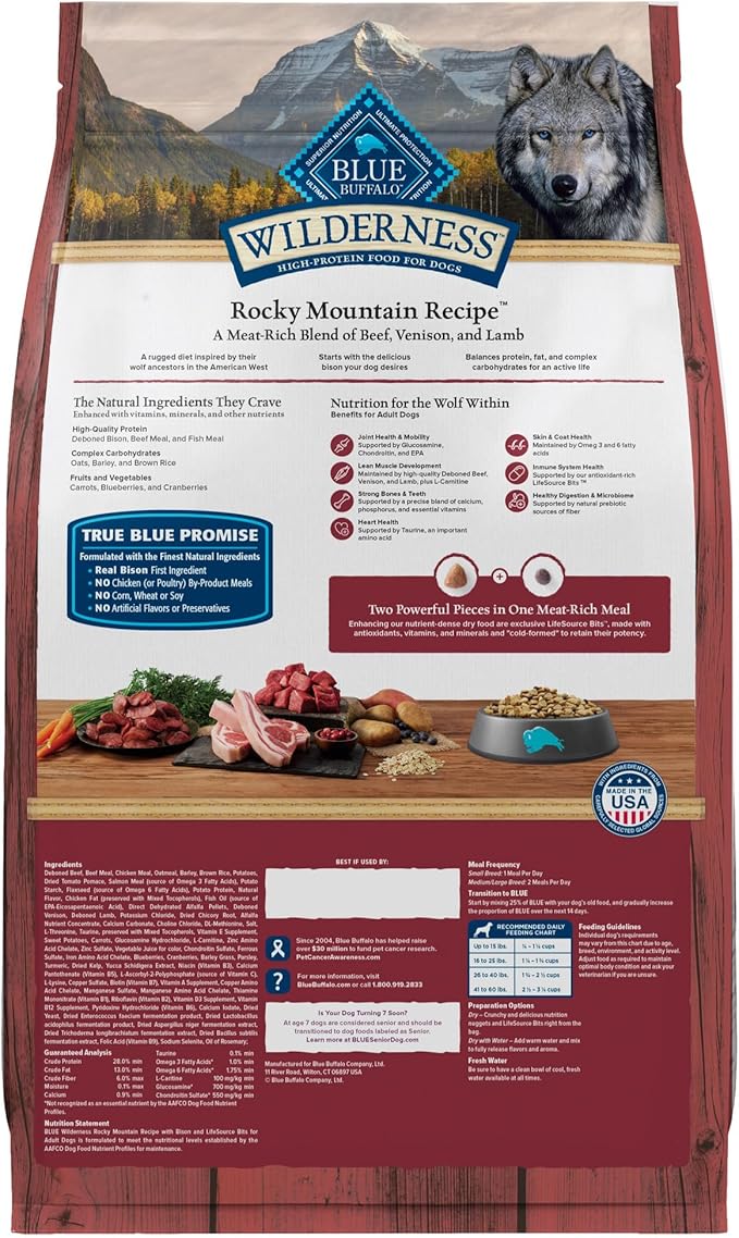 Blue Buffalo Wilderness High-Protein Rocky Mountain Recipe Dry Food for Large Breed Adult Dogs, Red Meat & Grains, 28-lb. Bag