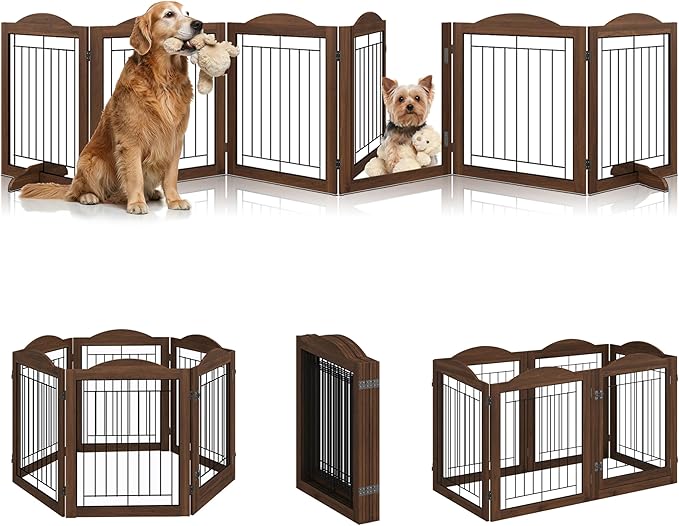 Vantas Folding No-Assembly Dog Door Pet Gate 144" Wide, 30" Tall Wooden Dog Gate with Door Walk Through, Freestanding Wire Pet Gate, Pet Puppy Safety Fence, with 2PCS Support – Brown