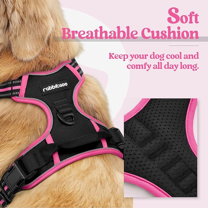 rabbitgoo Dog Harness No Pull with 2 Leash Clips, Adjustable Soft Padded, Reflective Oxford No Choke Pet Vest with Easy Control Handle for Large Dogs, Black & Hot Pink, M