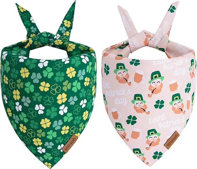 St. Patrick's Day Dog Bandana - 2 Pack Triangle Shamrock Dog Bandanas for Boys & Girls, Reversible Leprechaun Pet Scarf, Irish Holiday Bandana for Large & Extra Large Dogs (X-Large)