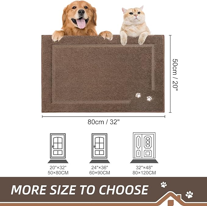 BEQHAUSE Dog Door Mat for Muddy Paws 20"x32" Dirt Trapper Absorbent Doormat Non Slip Entryway Rugs Washable Stain Resistant Welcome Floor Mat Soft Low-Profile for Front Back Door, Brown