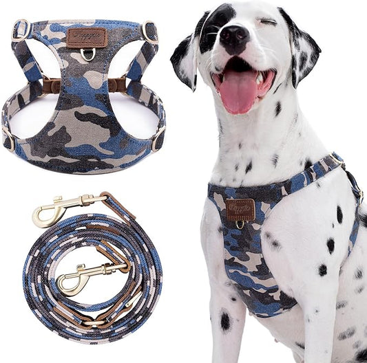 Dog Harness, No Pull Dogs Harness and Multi-Function Leash Set for Medium Dogs Easy Walk Everyday Adjustable Soft Dog Vest Harness Fashionable Dog Accessories Camouflage Blue-Button-M(16lb-35lb)