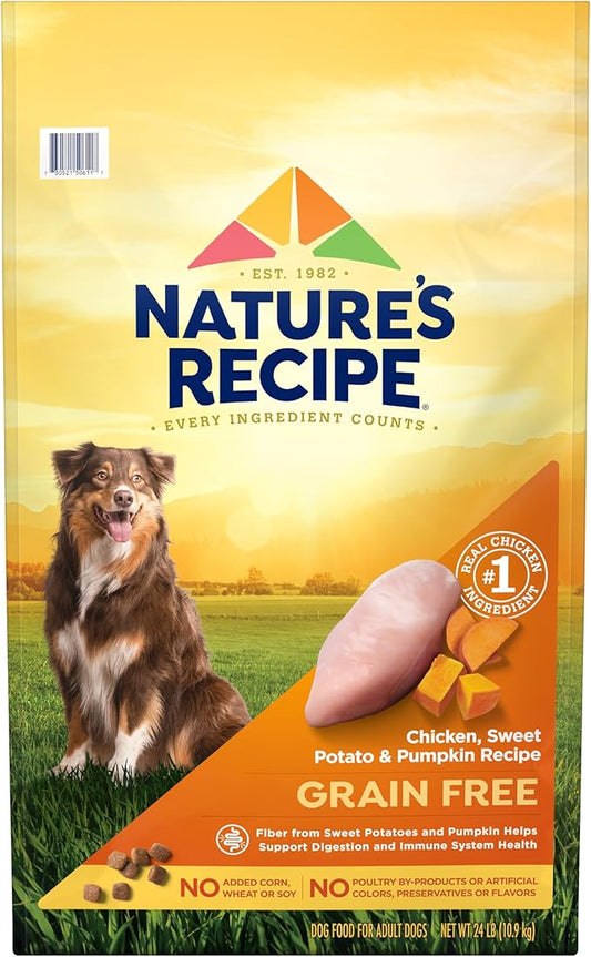 Nature’s Recipe Grain Free Chicken, Sweet Potato & Pumpkin Recipe Dry Dog Food, 24 lb. Bag