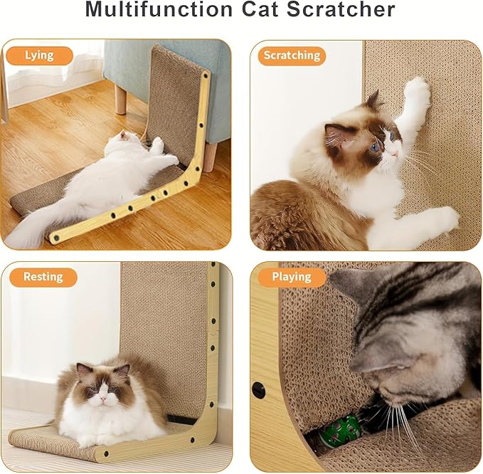 L Shape Cat Scratcher, 23.6 Inch Large Vertical Scratching Board Wall Mounted, Durable Cardboard Scratch Pad with Ball Toy - Protects Furniture for Indoor Cats (23.6in)
