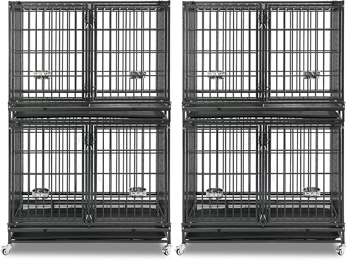 Homey Pet 43 Inch 2 Tiers Dog Crate Cage Kennel with Divider, Stackable Heavy Duty Dog Crate for Large Dogs, Escape Proof Indestructible Dog Kennel Indoor with Removable Tray, Lockable Wheels(2 Packs)