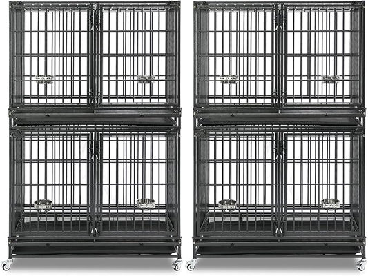 Homey Pet 43 Inch 2 Tiers Dog Crate Cage Kennel with Divider, Stackable Heavy Duty Dog Crate for Large Dogs, Escape Proof Indestructible Dog Kennel Indoor with Removable Tray, Lockable Wheels(2 Packs)
