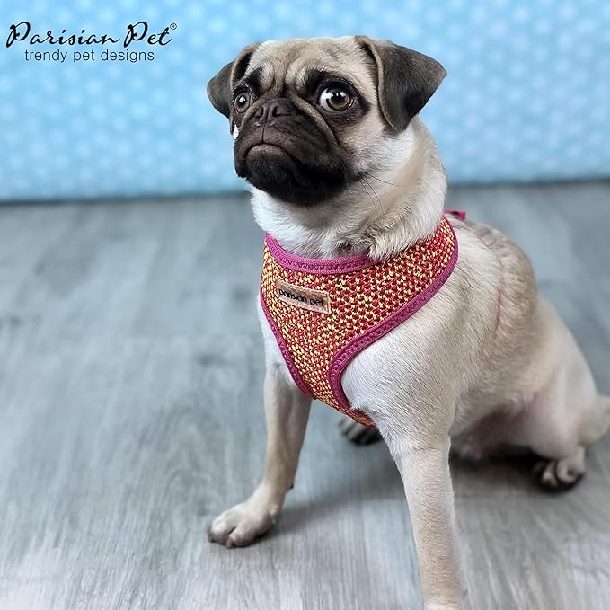 Parisian Pet Adjustable Pink/Yellow Dog Harness - 100% Mesh Cooling Vest Harness for Walking, Running, and Hiking - Small-Sized Puppy Dogs - No Pull Feature