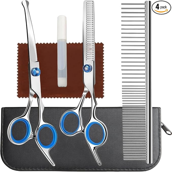Professional 4 in 1 Dog Grooming Scissors Kit with Safety Round Tips, Sharp and Durable Pet Grooming Shears for Dogs and Cats.