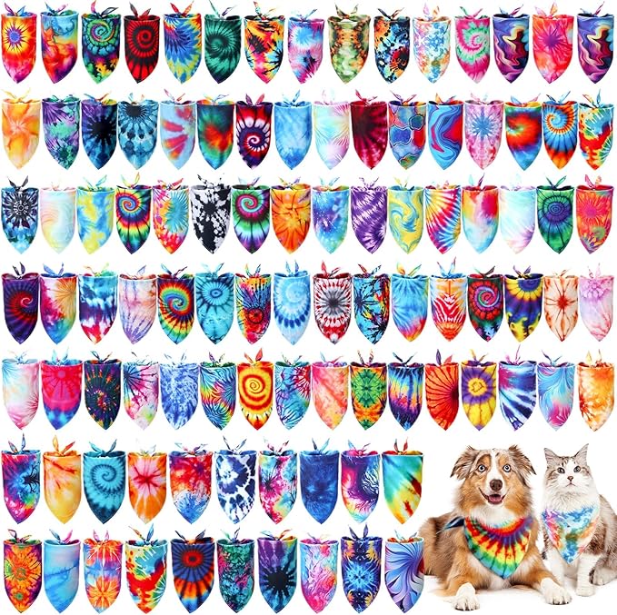100 Pcs Tie Dye Dog Bandanas Bulk Pet Bibs Colorful Triangle Scarf Pet Bandanas for Medium Large Dogs Holiday Summer Hawaiian Birthday Costume Decor