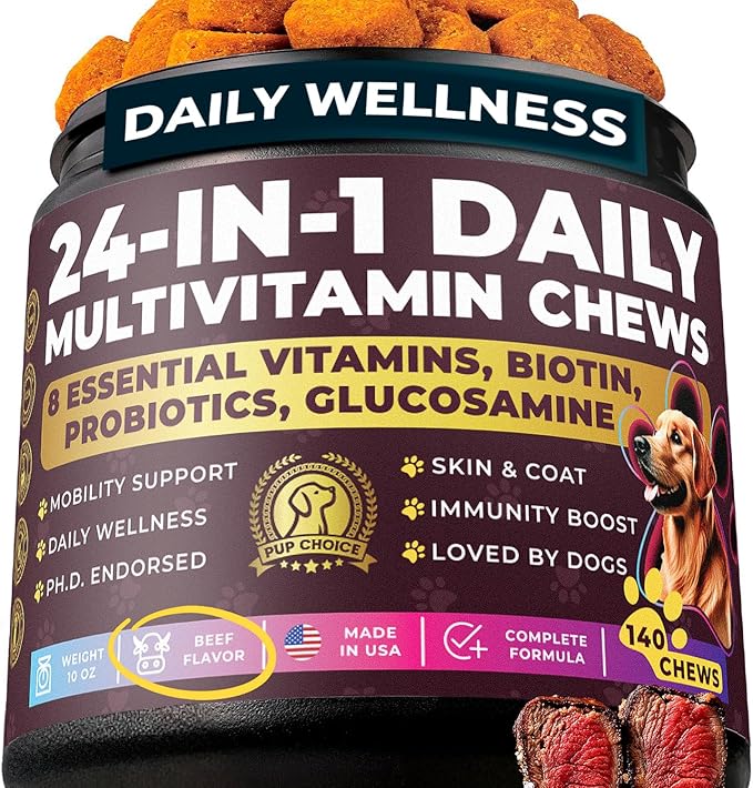 24-in-1 Complete Multivitamin Treats for Dogs - PhD Endorsed 8 Vitamins, Biotin, Probiotics, Glucosamine - Daily Wellness, Immunity, Skin & Coat, Mobility 140 Treats - Beef Flavor - Made in USA