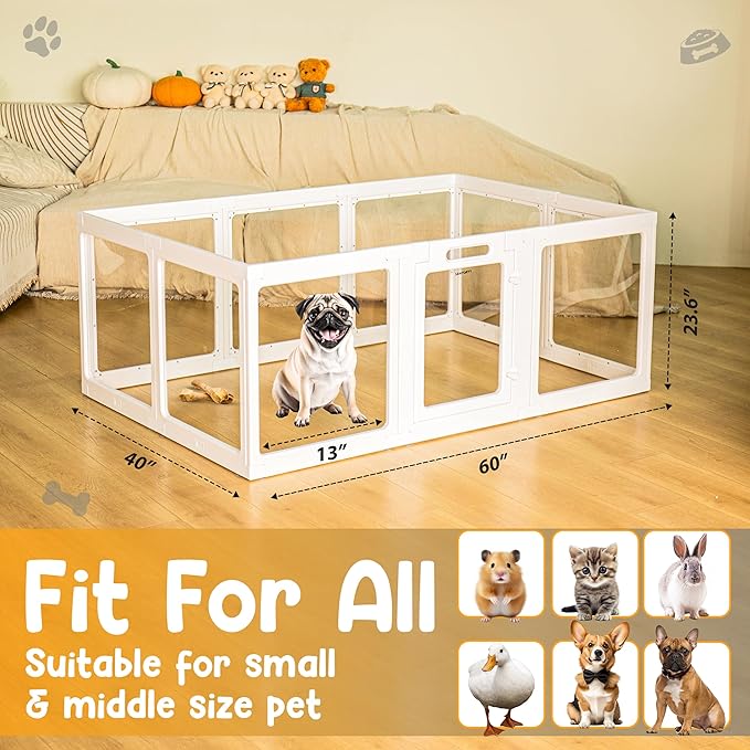 Transparent Indoor Dog Playpen with Safety Lock, Indoor Dog Fence for Small & Medium Pets | Secure, Stylish, Easy Clean Play Pen for Dogs & Pets with Scratch Resistant Panels (White, 10 Panel)