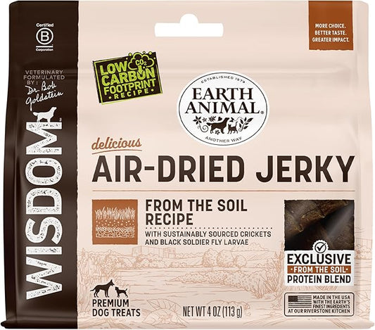 Earth Animal Wisdom Air-Dried from The Soil Recipe Premium Natural Insect-Based Jerky Strips Dog Treats, 4 oz. Bag