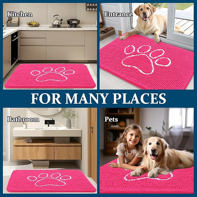 OLANLY Dog Door Mat for Muddy Paws 30x20, Paw Print Design, Absorbs Moisture and Dirt, Absorbent Non-Slip Washable Doormat, Quick Dry Chenille Mud Mat for Dogs, Entry Indoor Entryway Carpet, Hot Pink