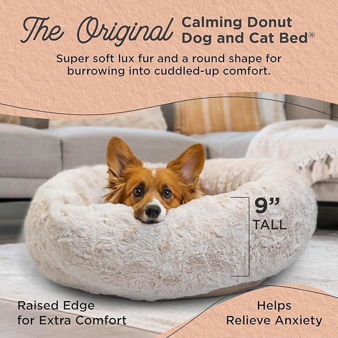 Best Friends by Sheri Original Calming Donut Dog and Cat Bed, Lux Faux Fur, Oyster, (30in x 30in) - Anxiety Relief for Pets Up to 45 lbs