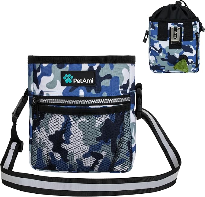 PetAmi Dog Treat Pouch, Pet Treat Pouch for Training, Dog Walking Bag Holder for Kibbles, Pet Food Toy, Dog Trainer Essentials Supplies, Poop Bag Dispenser, 3 Ways to Wear (Camo Blue)