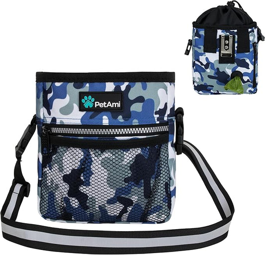 PetAmi Dog Treat Pouch, Pet Treat Pouch for Training, Dog Walking Bag Holder for Kibbles, Pet Food Toy, Dog Trainer Essentials Supplies, Poop Bag Dispenser, 3 Ways to Wear (Camo Blue)