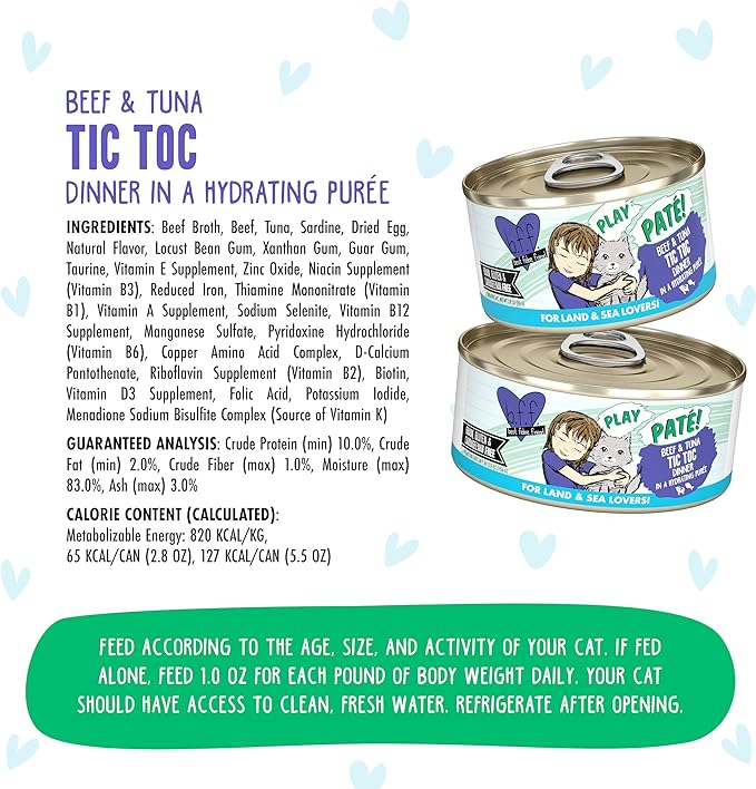 Weruva B.F.F. Play - Best Feline Friend Paté Lovers, Aw Yeah!, Beef & Tuna Tic TOC with Beef & Tuna, 5.5oz Can (Pack of 8)